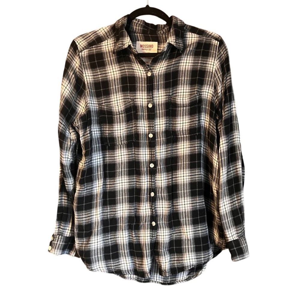 Flannel Shirt Black White Plaid Long Sleeve Women Size Large, Button Down Casual